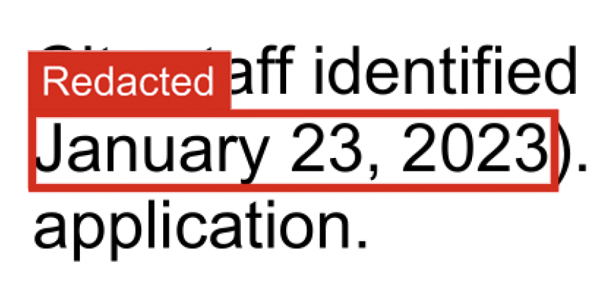 Document excerpt showing a redacted date of January 23, 2023, and application details.